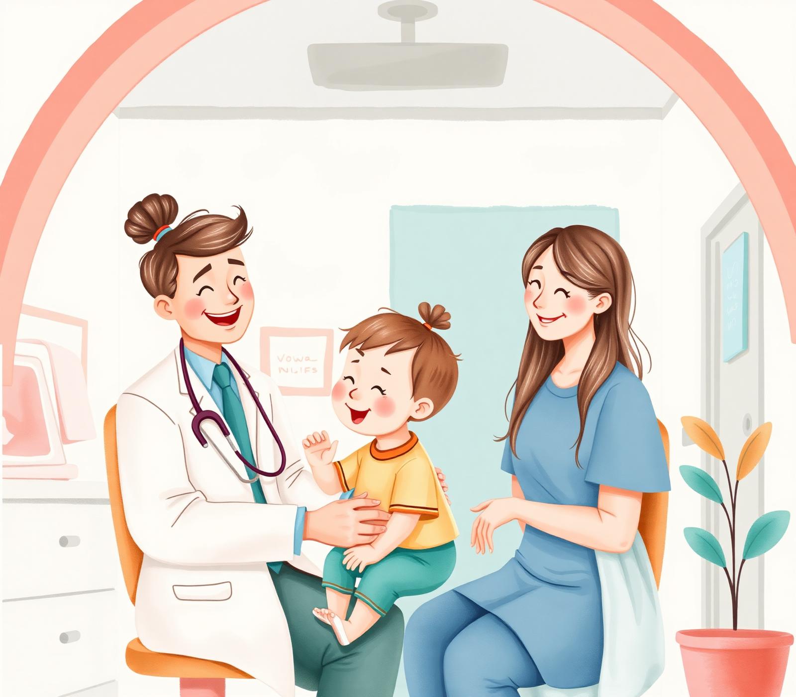 Illustration of a friendly pediatrician with a smiling toddler and mother
